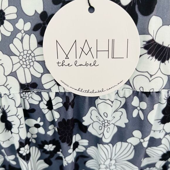 MAHLI the Label black/white/gray floral button front drawstring tie maxi size S - Picture 9 of 11